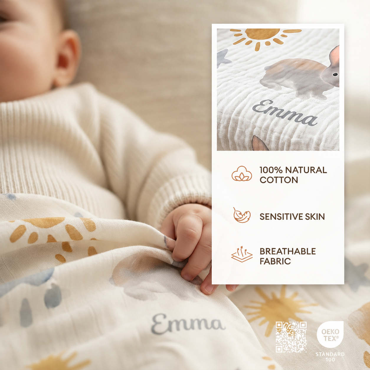 Personalized "Cute Bunny" 100% Cotton Muslin Blanket