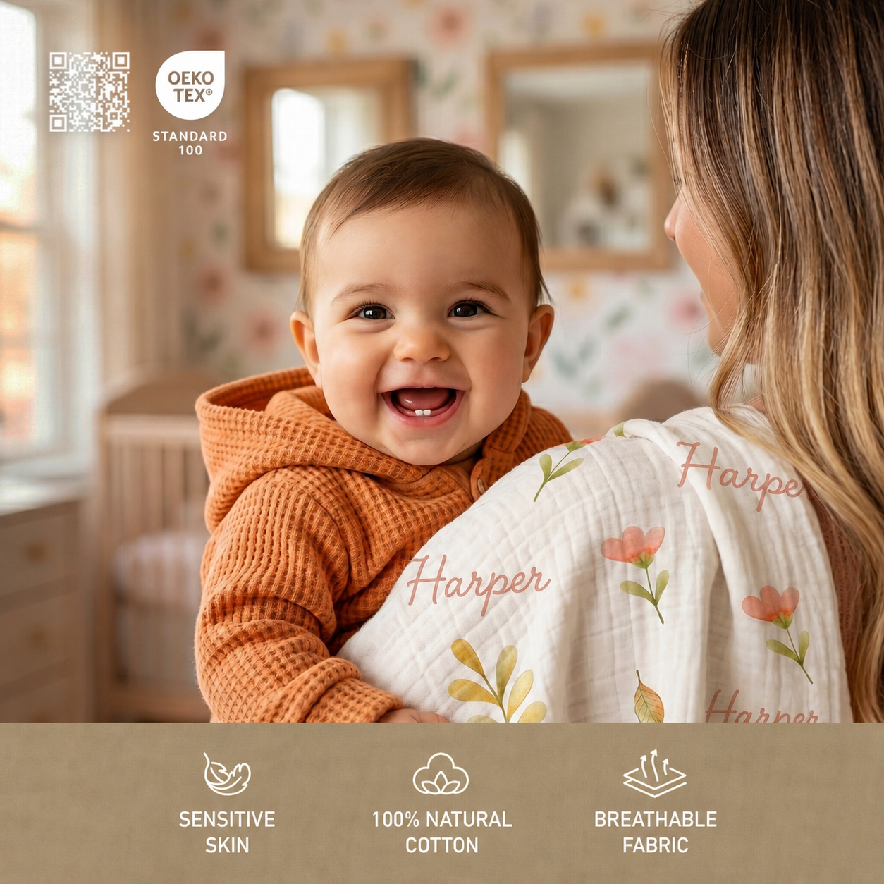 Manta para bebé de muselina 100% algodón personalizada (Copia)