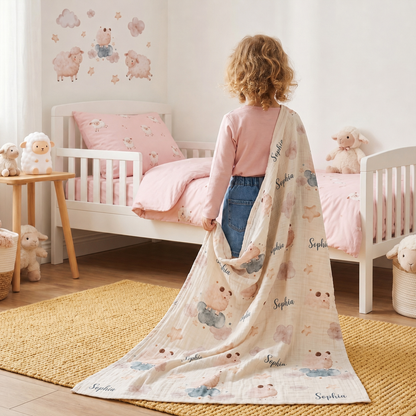 Personalized “Happy Lambs” 100% Cotton Muslin Blanket