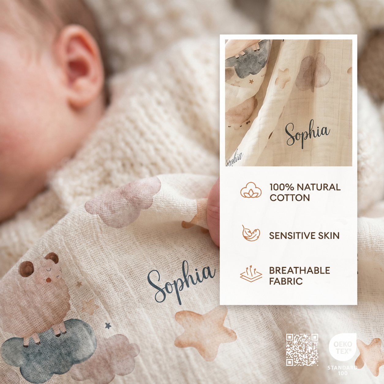 Personalized “Happy Lambs” 100% Cotton Muslin Blanket