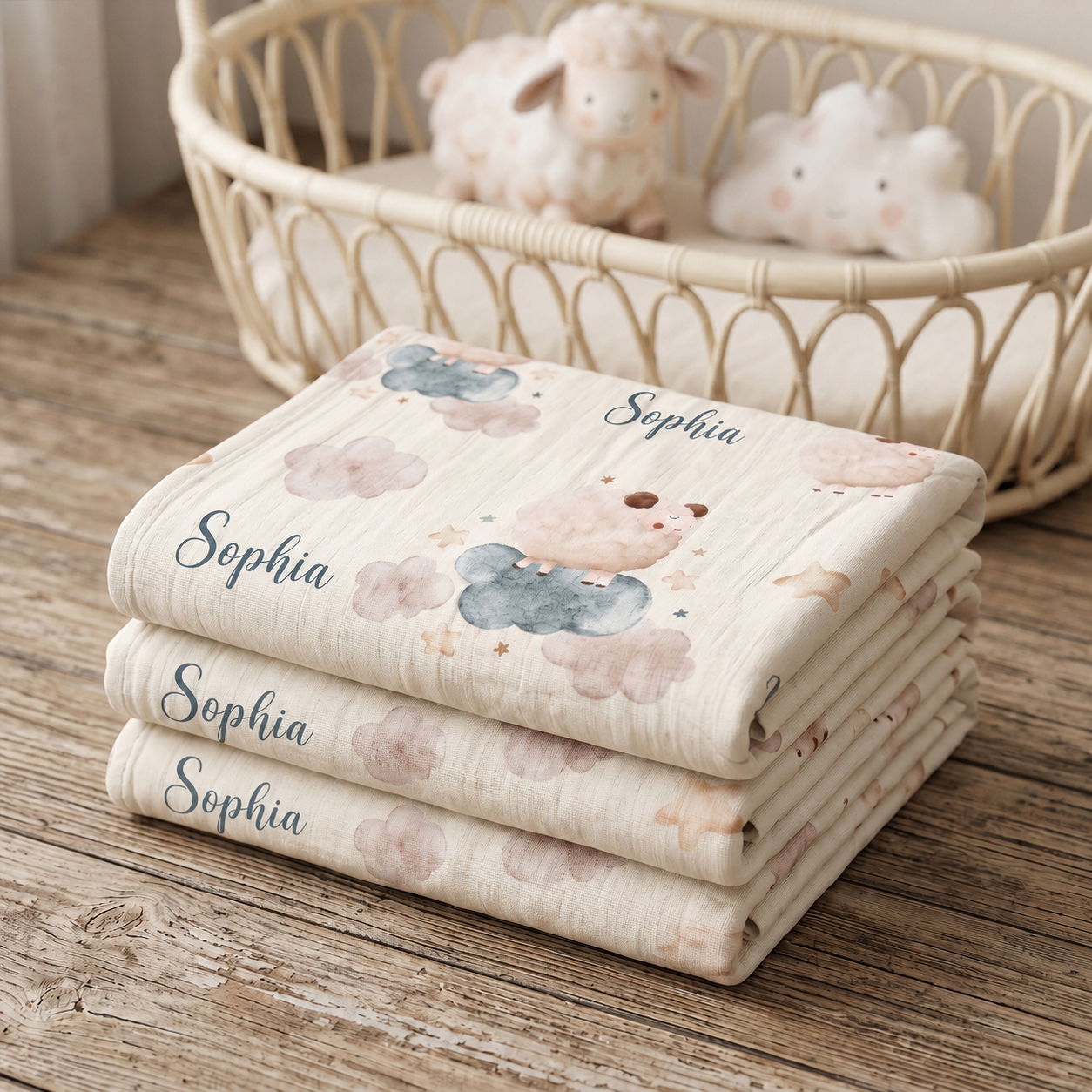 Personalized “Happy Lambs” 100% Cotton Muslin Blanket