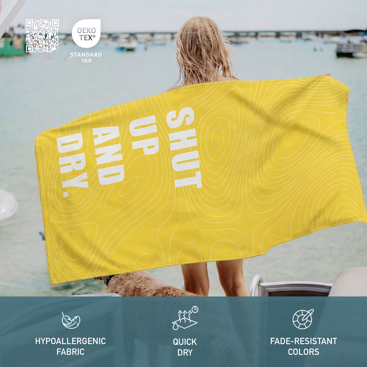 “SHUT UP AND DRY.” Slogan Beach Towel – Bonibomlab Loud Summer Collection