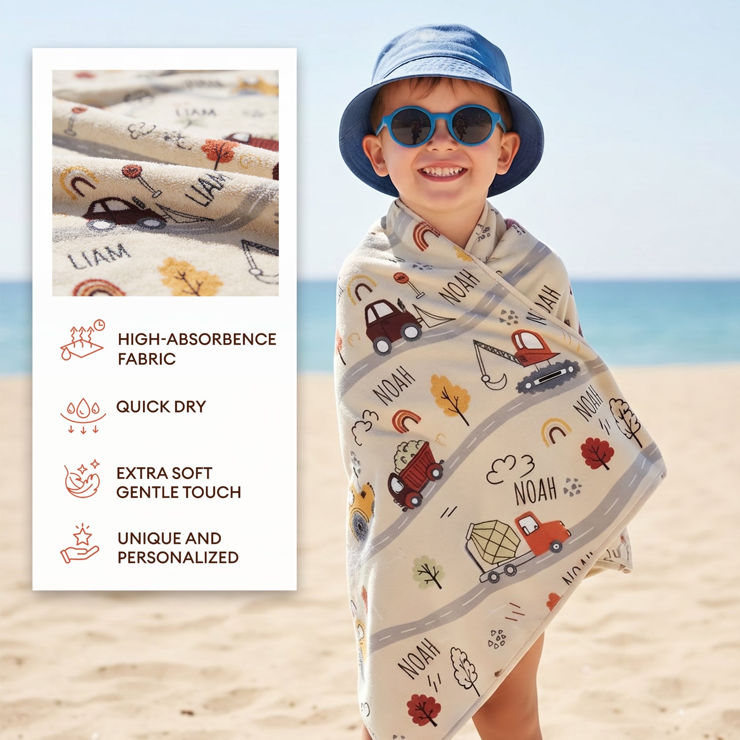 Personalized Construction Vehicles Beach Towel