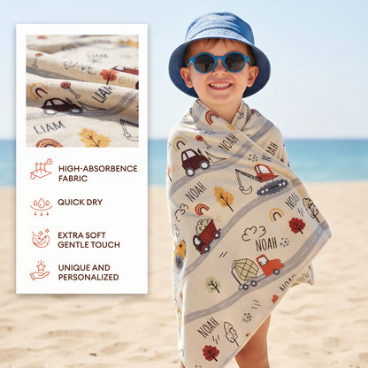 Personalized Construction Vehicles Beach Towel