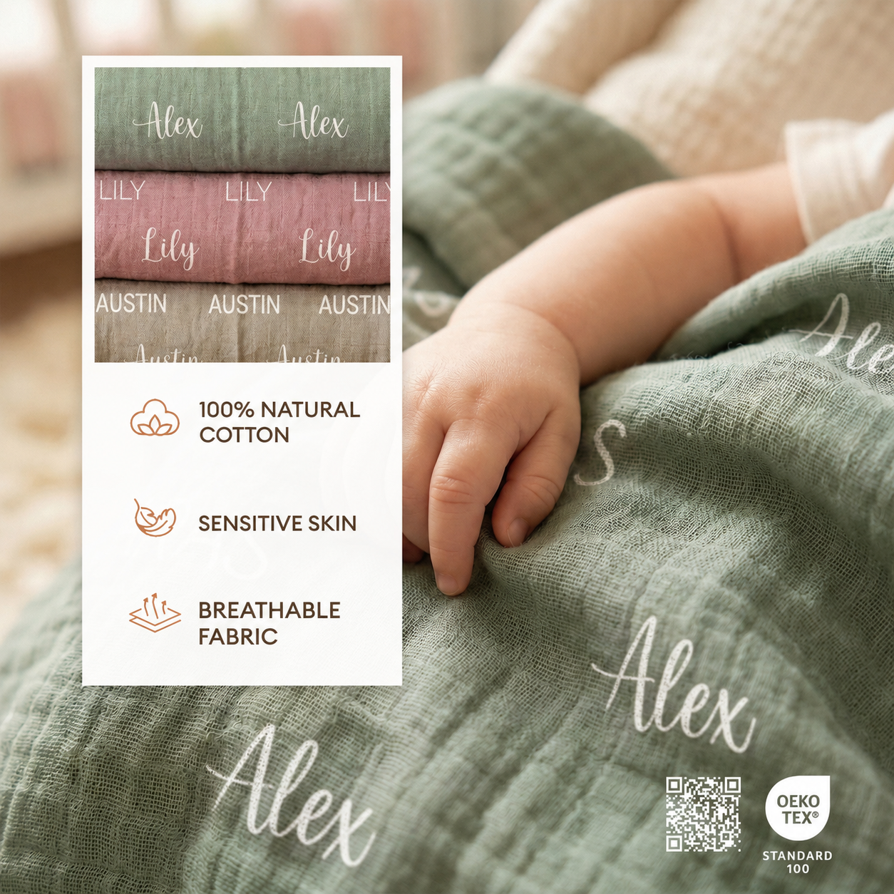 Couverture bébé personnalisée en mousseline 100 % coton