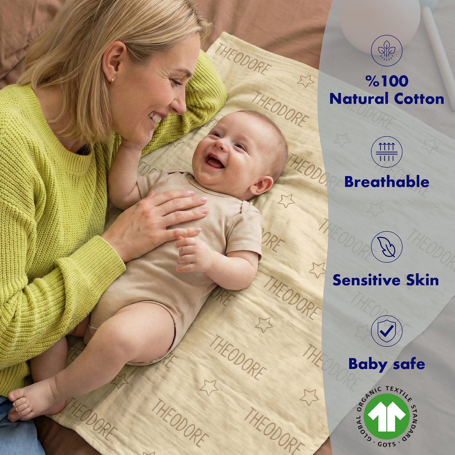 Personalisierte Babydecke aus 100 % Baumwollmusselin
