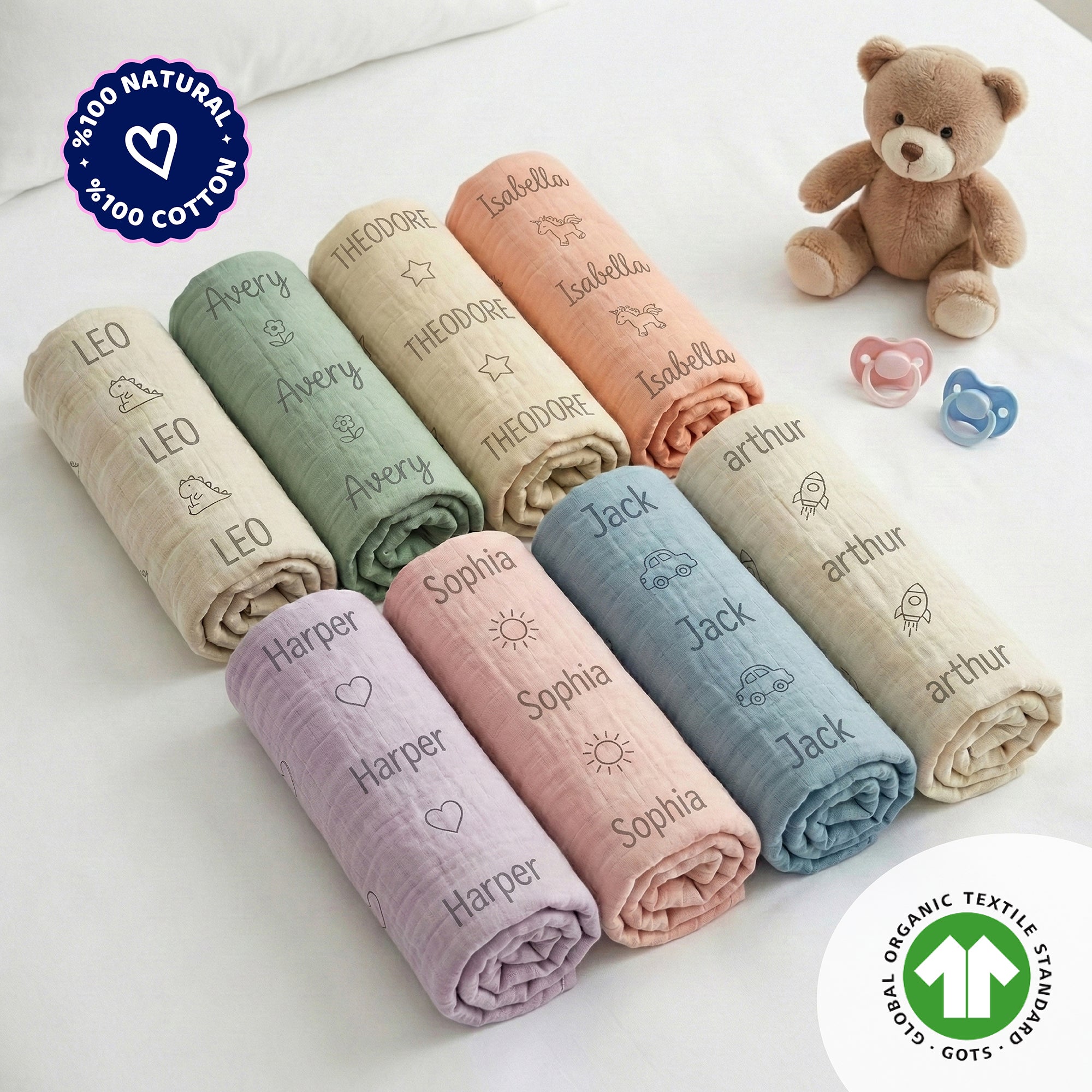 Personalisierte Babydecke aus 100 % Baumwollmusselin